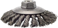 Weiler - 4-1/2" OD, 5/8-11 Arbor Hole, Knotted Steel Wheel Brush - 3/8" Face Width, 1" Trim Length, 0.02" Filament Diam, 12,500 RPM - Apex Tool & Supply