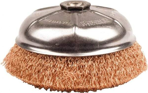 Weiler - 6" Diam, 5/8-11 Threaded Arbor, Bronze Fill Cup Brush - 0.02 Wire Diam, 1-1/4" Trim Length, 6,600 Max RPM - Apex Tool & Supply