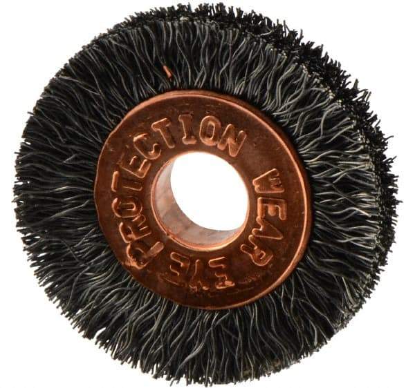 Weiler - 1" OD, 1/4" Arbor Hole, Crimped Steel Wheel Brush - 3/16" Face Width, 1/4" Trim Length, 0.006" Filament Diam, 20,000 RPM - Apex Tool & Supply