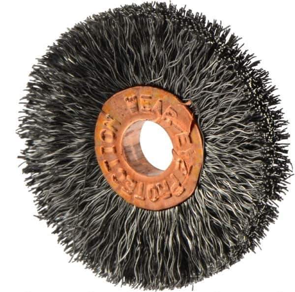 Weiler - 1-1/4" OD, 1/4" Arbor Hole, Crimped Steel Wheel Brush - 1/4" Face Width, 3/8" Trim Length, 0.006" Filament Diam, 20,000 RPM - Apex Tool & Supply