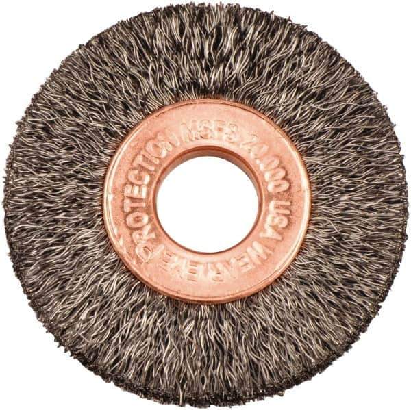 Weiler - 1-1/2" OD, 3/8" Arbor Hole, Crimped Steel Wheel Brush - 1/4" Face Width, 7/16" Trim Length, 0.006" Filament Diam, 20,000 RPM - Apex Tool & Supply