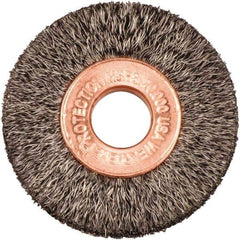 Weiler - 1-1/2" OD, 3/8" Arbor Hole, Crimped Steel Wheel Brush - 1/4" Face Width, 7/16" Trim Length, 0.006" Filament Diam, 20,000 RPM - Apex Tool & Supply