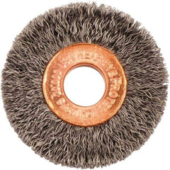 Weiler - 1-1/2" OD, 3/8" Arbor Hole, Crimped Steel Wheel Brush - 1/4" Face Width, 7/16" Trim Length, 0.008" Filament Diam, 20,000 RPM - Apex Tool & Supply