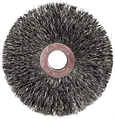 Weiler - 2" OD, 1/2" Arbor Hole, Crimped Steel Wheel Brush - 3/8" Face Width, 1/2" Trim Length, 0.0104" Filament Diam, 20,000 RPM - Apex Tool & Supply