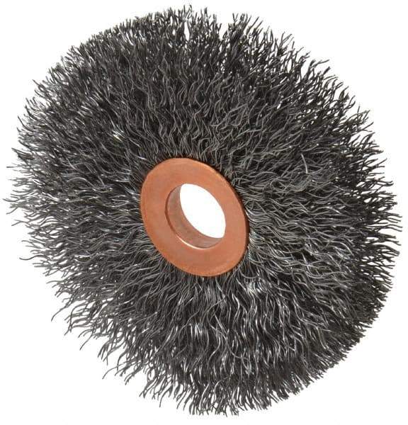 Weiler - 3" OD, 1/2" Arbor Hole, Crimped Steel Wheel Brush - 5/8" Face Width, 1" Trim Length, 0.0104" Filament Diam, 20,000 RPM - Apex Tool & Supply