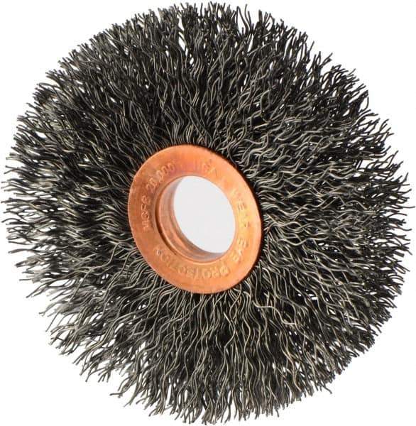 Weiler - 3" OD, 5/8" Arbor Hole, Crimped Steel Wheel Brush - 5/8" Face Width, 15/16" Trim Length, 0.014" Filament Diam, 20,000 RPM - Apex Tool & Supply