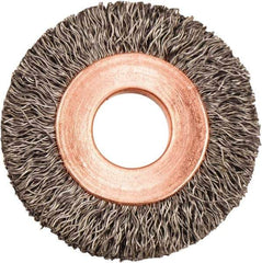 Weiler - 1-1/4" OD, 3/8" Arbor Hole, Crimped Steel Wheel Brush - 1/4" Face Width, 5/16" Trim Length, 0.008" Filament Diam, 20,000 RPM - Apex Tool & Supply
