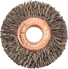 Weiler - 1-1/2" OD, 3/8" Arbor Hole, Crimped Steel Wheel Brush - 1/4" Face Width, 7/16" Trim Length, 0.014" Filament Diam, 20,000 RPM - Apex Tool & Supply