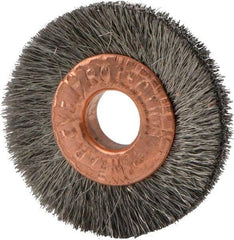 Weiler - 1" OD, 1/4" Arbor Hole, Crimped Stainless Steel Wheel Brush - 3/16" Face Width, 1/4" Trim Length, 0.003" Filament Diam, 20,000 RPM - Apex Tool & Supply
