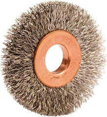 Weiler - 1-1/2" OD, 3/8" Arbor Hole, Crimped Stainless Steel Wheel Brush - 1/4" Face Width, 7/16" Trim Length, 0.008" Filament Diam, 20,000 RPM - Apex Tool & Supply