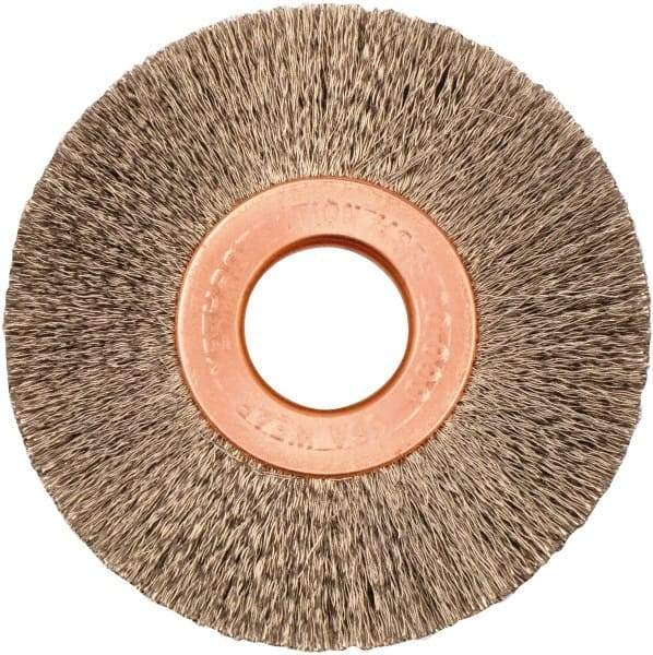 Weiler - 2" OD, 1/2" Arbor Hole, Crimped Stainless Steel Wheel Brush - 3/8" Face Width, 1/2" Trim Length, 0.005" Filament Diam, 20,000 RPM - Apex Tool & Supply