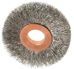 Weiler - 2" OD, 1/2" Arbor Hole, Crimped Stainless Steel Wheel Brush - 3/8" Face Width, 1/2" Trim Length, 0.008" Filament Diam, 20,000 RPM - Apex Tool & Supply