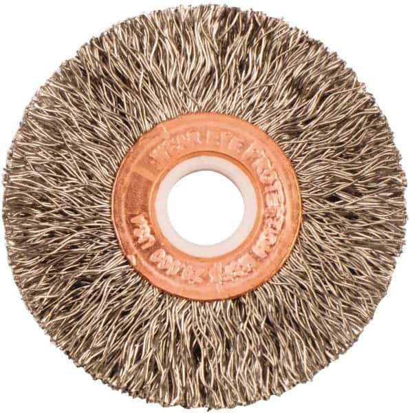 Weiler - 2" OD, 1/2" Arbor Hole, Crimped Stainless Steel Wheel Brush - 3/8" Face Width, 1/2" Trim Length, 0.0118" Filament Diam, 20,000 RPM - Apex Tool & Supply