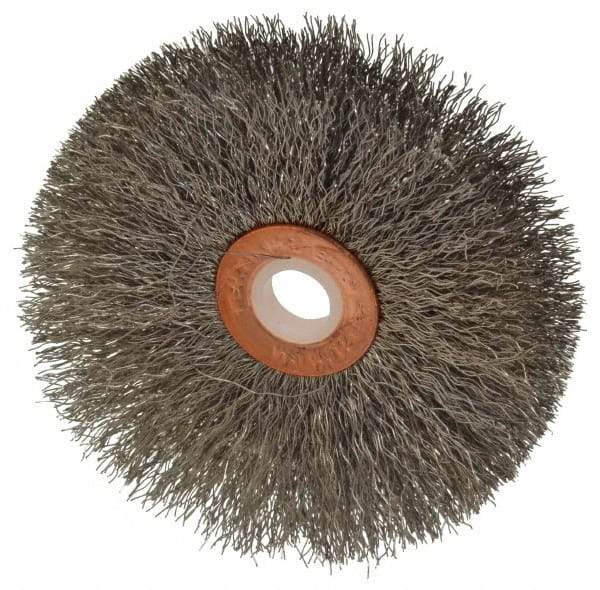 Weiler - 3" OD, 1/2" Arbor Hole, Crimped Stainless Steel Wheel Brush - 5/8" Face Width, 1" Trim Length, 0.008" Filament Diam, 20,000 RPM - Apex Tool & Supply