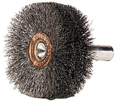 Weiler - 1-1/2" OD, 1/4" Shank Diam, Crimped Steel Wheel Brush - 1/2" Face Width, 1/2" Trim Length, 0.006" Filament Diam, 20,000 RPM - Apex Tool & Supply