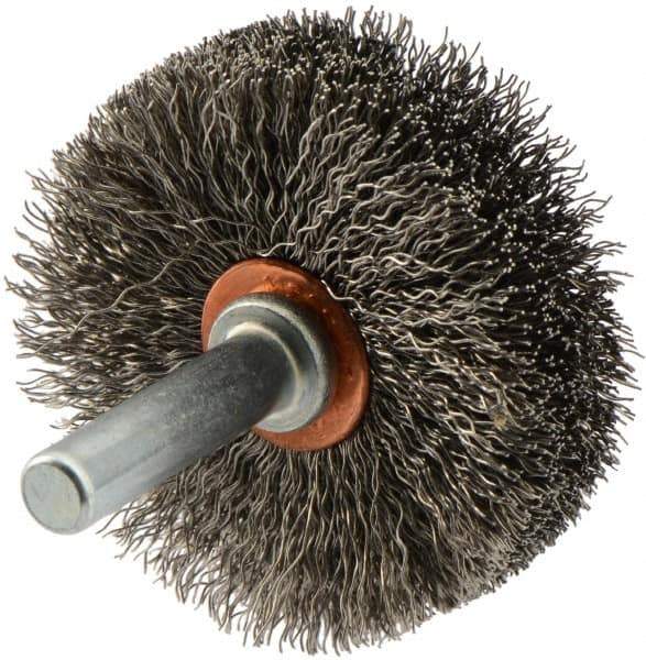 Weiler - 1-3/4" OD, 1/4" Shank Diam, Crimped Stainless Steel Wheel Brush - 1/2" Face Width, 5/8" Trim Length, 0.008" Filament Diam, 20,000 RPM - Apex Tool & Supply
