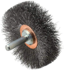 Weiler - 2-1/2" OD, 1/4" Shank Diam, Crimped Steel Wheel Brush - 3/8" Face Width, 3/4" Trim Length, 0.006" Filament Diam, 20,000 RPM - Apex Tool & Supply