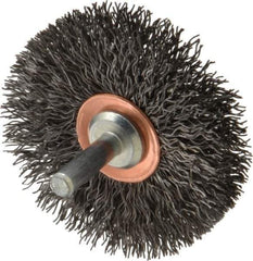 Weiler - 2-1/2" OD, 1/4" Shank Diam, Crimped Steel Wheel Brush - 3/8" Face Width, 3/4" Trim Length, 0.014" Filament Diam, 20,000 RPM - Apex Tool & Supply