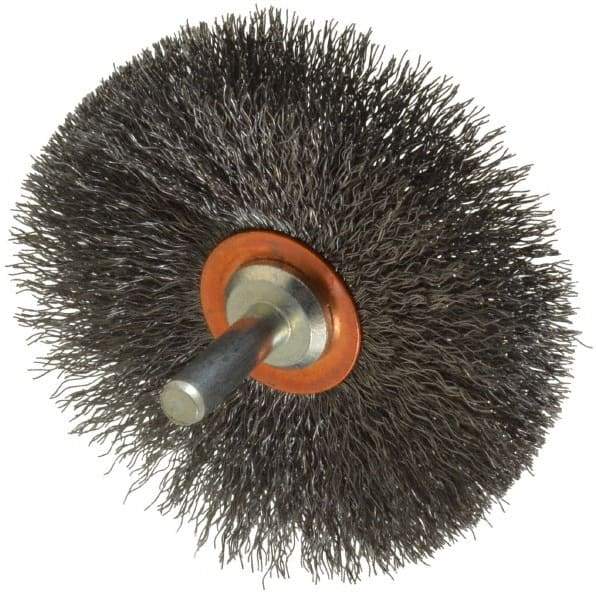 Weiler - 3" OD, 1/4" Shank Diam, Crimped Steel Wheel Brush - 1/2" Face Width, 1" Trim Length, 0.008" Filament Diam, 20,000 RPM - Apex Tool & Supply