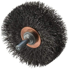 Weiler - 3" OD, 1/4" Shank Diam, Crimped Steel Wheel Brush - 1" Face Width, 15/16" Trim Length, 0.0118" Filament Diam, 20,000 RPM - Apex Tool & Supply