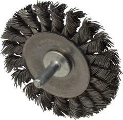 Weiler - 3-1/4" OD, 1/4" Shank Diam, Knotted Steel Wheel Brush - 3/8" Face Width, 5/8" Trim Length, 0.02" Filament Diam, 25,000 RPM - Apex Tool & Supply