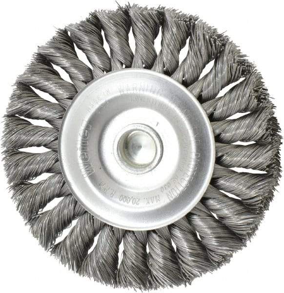 Weiler - 4" OD, 1/4" Shank Diam, Knotted Steel Wheel Brush - 1/2" Face Width, 7/8" Trim Length, 0.0118" Filament Diam, 20,000 RPM - Apex Tool & Supply