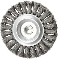 Weiler - 4" OD, 1/4" Shank Diam, Knotted Steel Wheel Brush - 1/2" Face Width, 7/8" Trim Length, 0.0118" Filament Diam, 20,000 RPM - Apex Tool & Supply