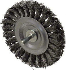 Weiler - 4" OD, 1/4" Shank Diam, Knotted Steel Wheel Brush - 1/2" Face Width, 7/8" Trim Length, 0.014" Filament Diam, 20,000 RPM - Apex Tool & Supply