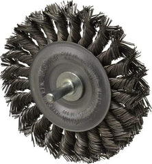 Weiler - 4" OD, 1/4" Shank Diam, Knotted Steel Wheel Brush - 1/2" Face Width, 7/8" Trim Length, 0.02" Filament Diam, 20,000 RPM - Apex Tool & Supply