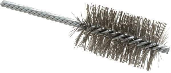 Weiler - 1-1/2" Diam Helical Stainless Steel Tube Brush - Double Spiral, 0.014" Filament Diam, 2-1/2" Brush Length, 5-1/2" OAL, 1/4" Diam Shank - Apex Tool & Supply