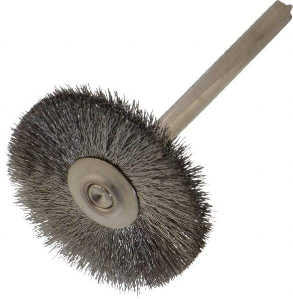 Weiler - 1" OD, 1/8" Shank Diam, Crimped Stainless Steel Wheel Brush - 5/16" Trim Length, 0.003" Filament Diam, 37,000 RPM - Apex Tool & Supply