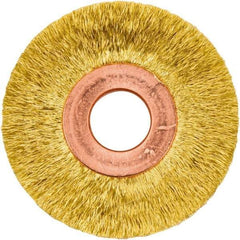 Weiler - 2" OD, 1/2" Arbor Hole, Crimped Brass Wheel Brush - 3/8" Face Width, 1/2" Trim Length, 0.005" Filament Diam, 20,000 RPM - Apex Tool & Supply