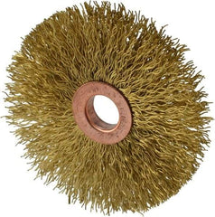 Weiler - 3" OD, 1/2" Arbor Hole, Crimped Brass Wheel Brush - 5/8" Face Width, 1" Trim Length, 0.014" Filament Diam, 20,000 RPM - Apex Tool & Supply