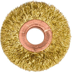 Weiler - 2" OD, 1/2" Arbor Hole, Crimped Brass Wheel Brush - 3/8" Face Width, 1/2" Trim Length, 0.0118" Filament Diam, 20,000 RPM - Apex Tool & Supply