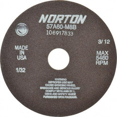 Norton - 7" 60 Grit Aluminum Oxide Cutoff Wheel - 1/32" Thick, 1-1/4" Arbor, 5,460 Max RPM, Use with Stationary Grinders - Apex Tool & Supply