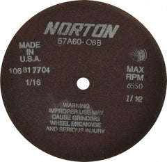 Norton - 7" 60 Grit Aluminum Oxide Cutoff Wheel - 1/16" Thick, 1/2" Arbor, 6,550 Max RPM, Use with Stationary Grinders - Apex Tool & Supply