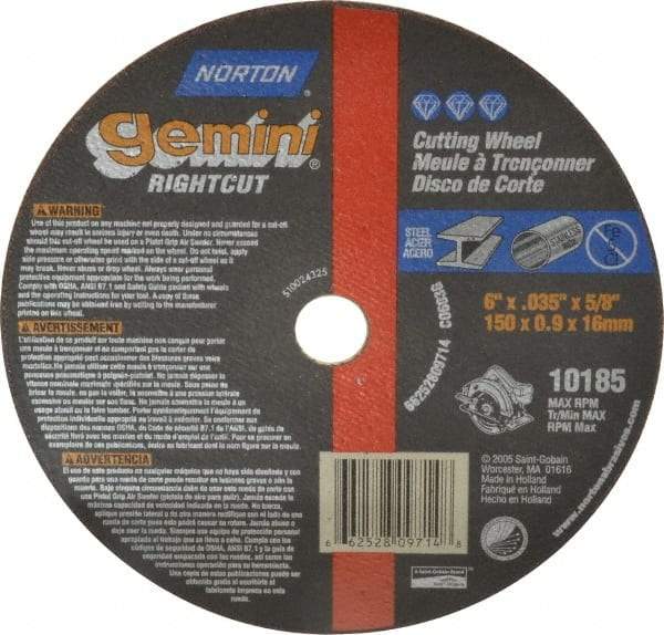 Norton - 6" 60 Grit Aluminum Oxide Cutoff Wheel - 0.035" Thick, 5/8" Arbor, 10,185 Max RPM, Use with Circular Saws - Apex Tool & Supply