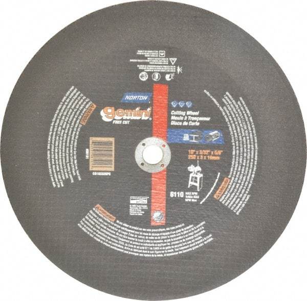 Norton - 10" 30 Grit Aluminum Oxide Cutoff Wheel - 3/32" Thick, 5/8" Arbor, 6,110 Max RPM, Use with Stationary Tools - Apex Tool & Supply