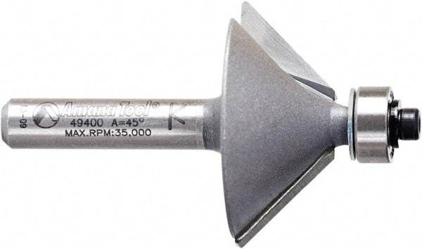 Amana Tool - 1-1/4" Cut Diam, 1/2" Length of Cut, 2 Flute Chamfer Edge Profile Router Bit - Carbide-Tipped, 1/4" Shank Diam, 2" OAL, Uncoated - Apex Tool & Supply