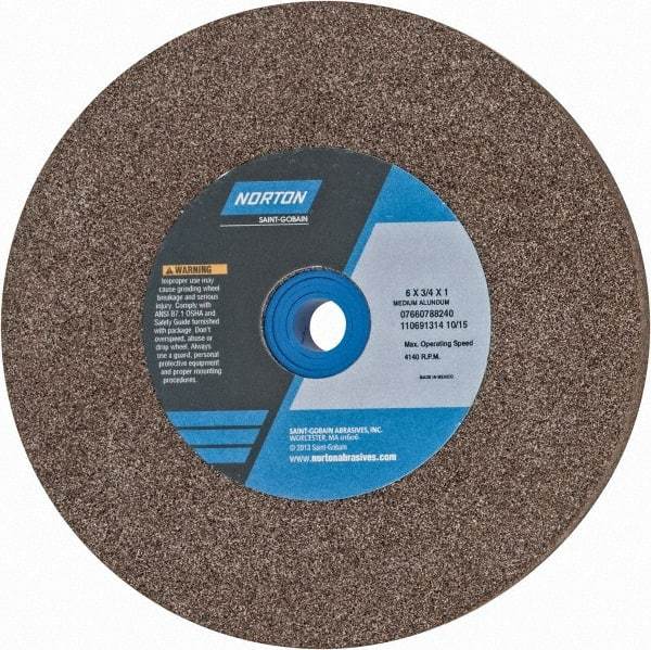 Norton - 60/80 Grit Aluminum Oxide Bench & Pedestal Grinding Wheel - 6" Diam x 1" Hole x 3/4" Thick, 4140 Max RPM, Medium Grade - Apex Tool & Supply