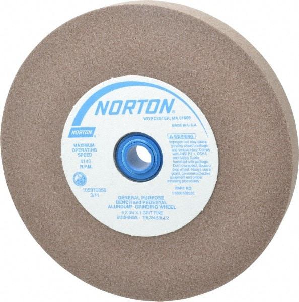 Norton - 100 Grit Aluminum Oxide Bench & Pedestal Grinding Wheel - 6" Diam x 1" Hole x 3/4" Thick, 4140 Max RPM, Fine Grade - Apex Tool & Supply