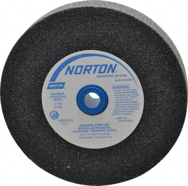 Norton - 36 Grit Aluminum Oxide Bench & Pedestal Grinding Wheel - 6" Diam x 1" Hole x 1" Thick, 4140 Max RPM, Very Coarse/Coarse Grade - Apex Tool & Supply