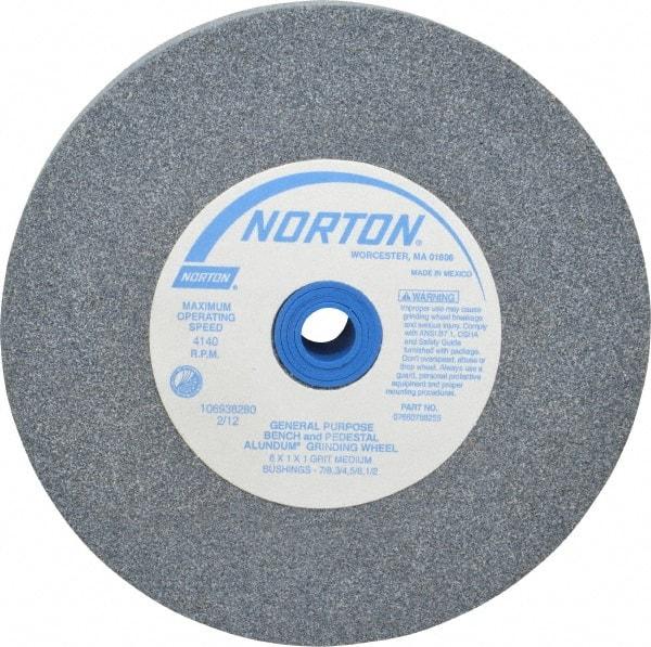 Norton - 60 Grit Aluminum Oxide Bench & Pedestal Grinding Wheel - 6" Diam x 1" Hole x 1" Thick, 4140 Max RPM, Medium Grade - Apex Tool & Supply