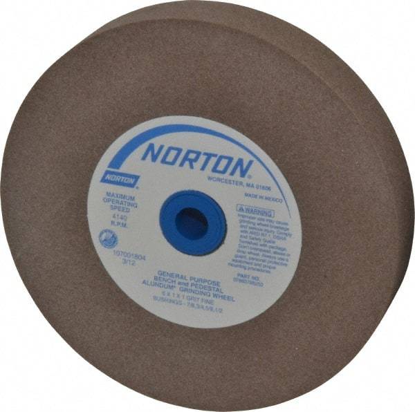 Norton - 100 Grit Aluminum Oxide Bench & Pedestal Grinding Wheel - 6" Diam x 1" Hole x 1" Thick, 4140 Max RPM, Fine Grade - Apex Tool & Supply