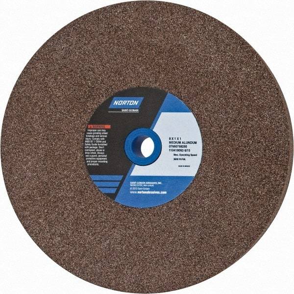 Norton - 60/80 Grit Aluminum Oxide Bench & Pedestal Grinding Wheel - 8" Diam x 1" Hole x 1" Thick, 3600 Max RPM, Medium Grade - Apex Tool & Supply