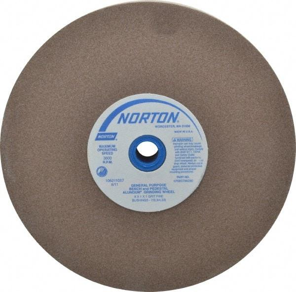 Norton - 100 Grit Aluminum Oxide Bench & Pedestal Grinding Wheel - 8" Diam x 1" Hole x 1" Thick, 3600 Max RPM, Fine Grade - Apex Tool & Supply