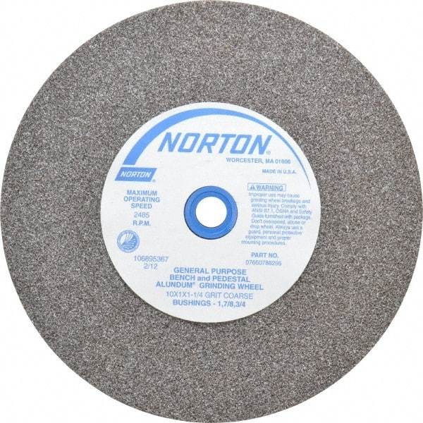 Norton - 36 Grit Aluminum Oxide Bench & Pedestal Grinding Wheel - 10" Diam x 1-1/4" Hole x 1" Thick, 2485 Max RPM, Very Coarse/Coarse Grade - Apex Tool & Supply