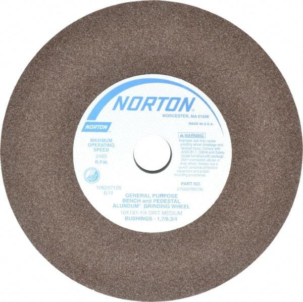 Norton - 60/80 Grit Aluminum Oxide Bench & Pedestal Grinding Wheel - 10" Diam x 1-1/4" Hole x 1" Thick, 2485 Max RPM, Medium Grade - Apex Tool & Supply