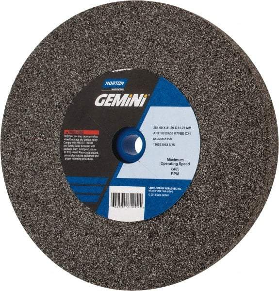 Norton - 36/46 Grit Aluminum Oxide Bench & Pedestal Grinding Wheel - 10" Diam x 1-1/4" Hole x 1-1/4" Thick, 2485 Max RPM, Very Coarse/Coarse Grade - Apex Tool & Supply
