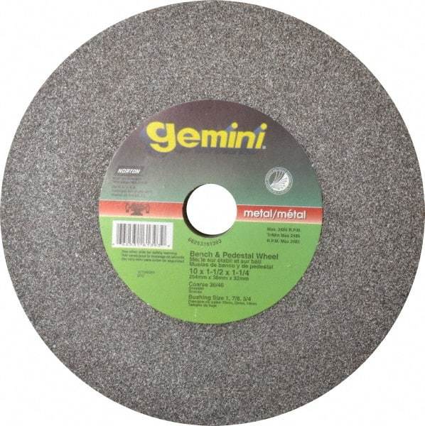 Norton - 36 Grit Aluminum Oxide Bench & Pedestal Grinding Wheel - 10" Diam x 1-1/4" Hole x 1-1/2" Thick, 2485 Max RPM, Very Coarse/Coarse Grade - Apex Tool & Supply